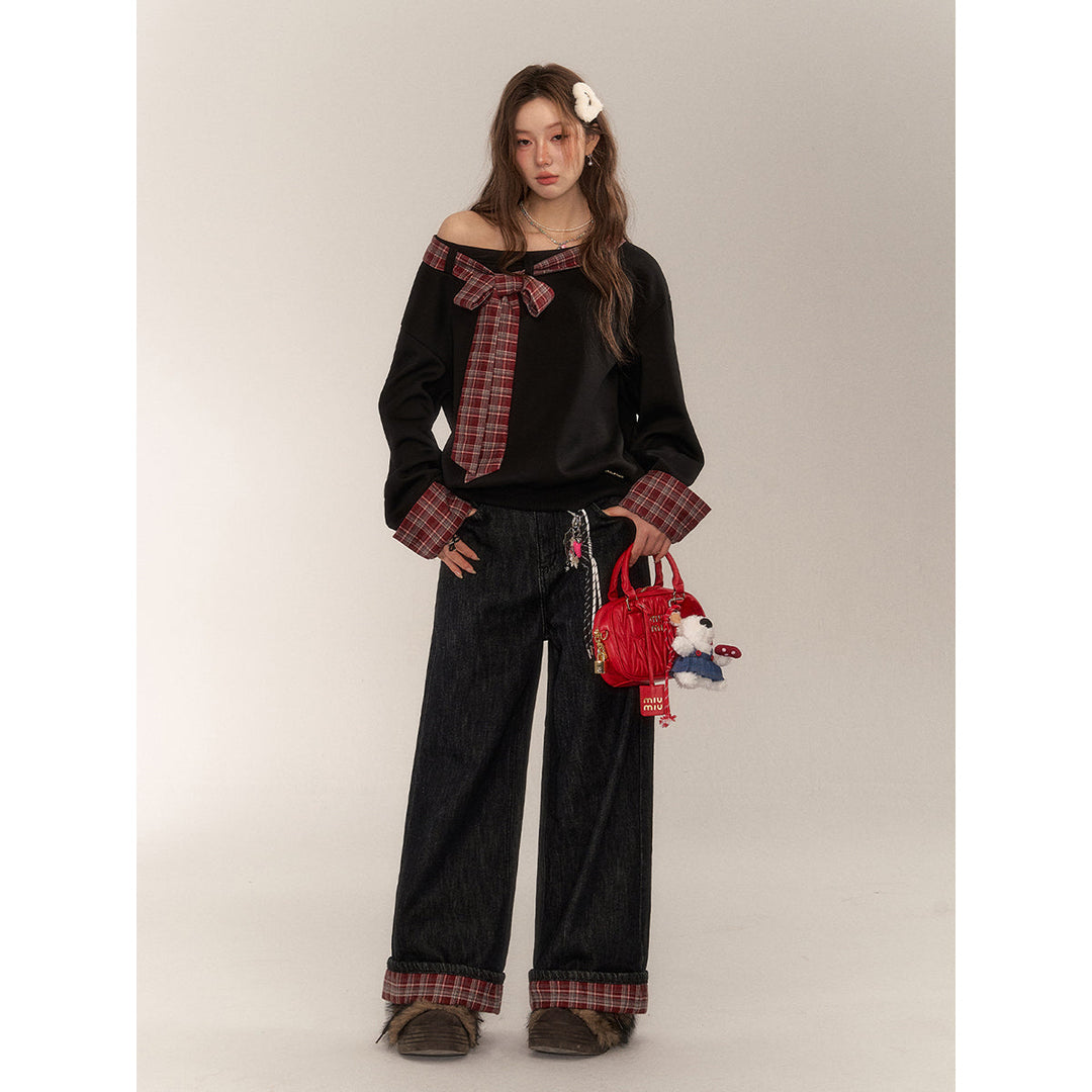 AsGony Plaid Patchwork Bow Tie Fleece-Lined Sweater