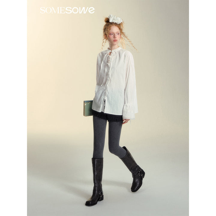 SomeSowe Lace Edge Jacquard Lace Up Top White