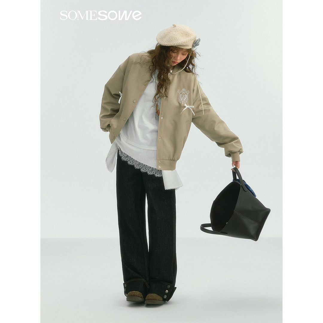 SomeSowe Bow Badge Casual Baseball Jacket Khaki