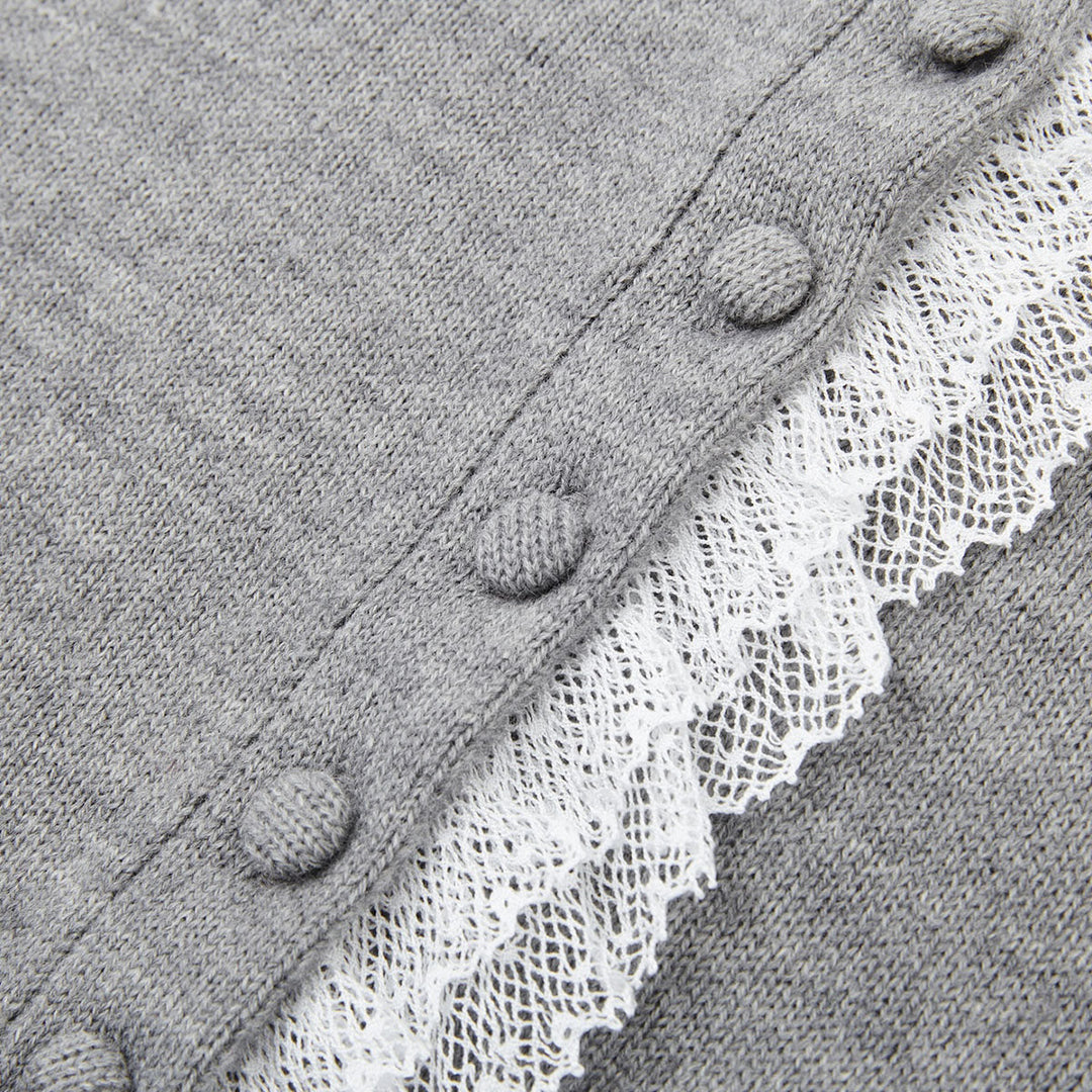 SomeSowe Lace Edge Round-Neck Knit Cardigan Gray