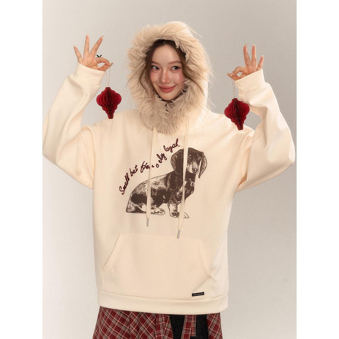 AsGony Puppy Printed Fur Collar Fleece-Lined Hoodie