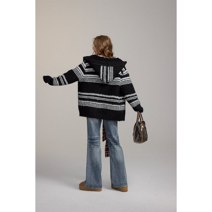 Via Pitti Striped Hooded Woolen Thicken Cardigan Black