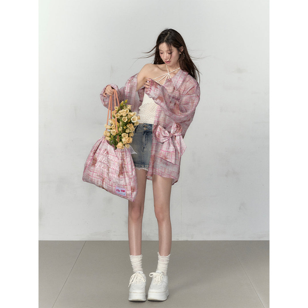 Via Pitti Plaid Bow Loose Shirt Pink