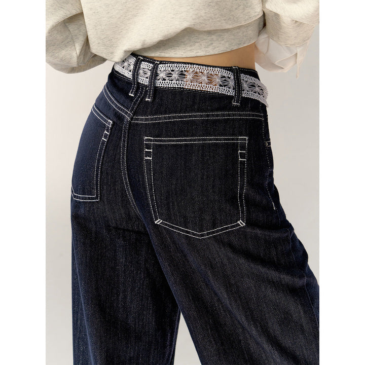 AsGony Lace Strap High Waist Wide-Leg Jeans Dark Blue