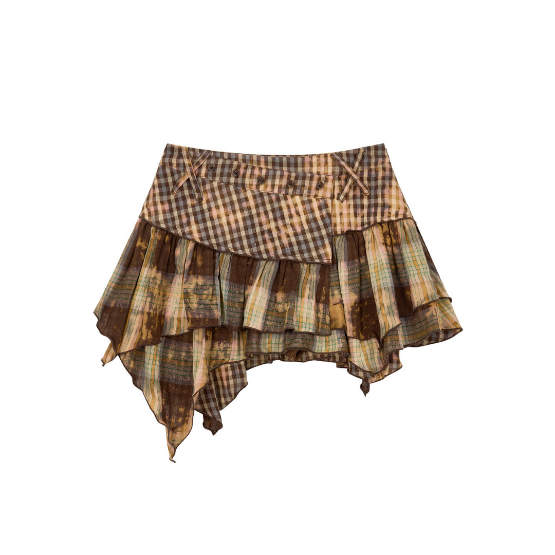 Via Pitti Vintage Checkered Irregular Cutting Skirt Khaki