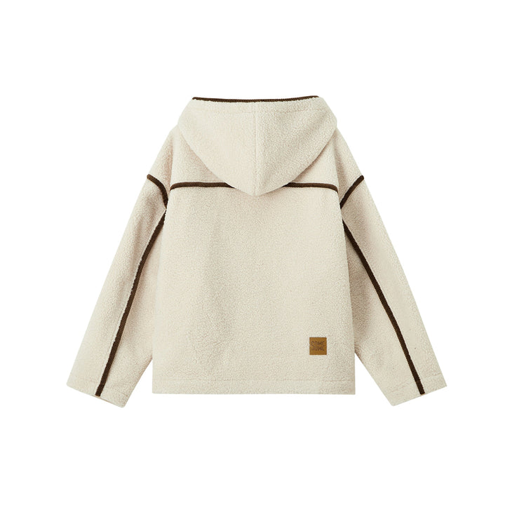 SomeSowe Contrast Color Edge Fleece Hooded Jacket Beige