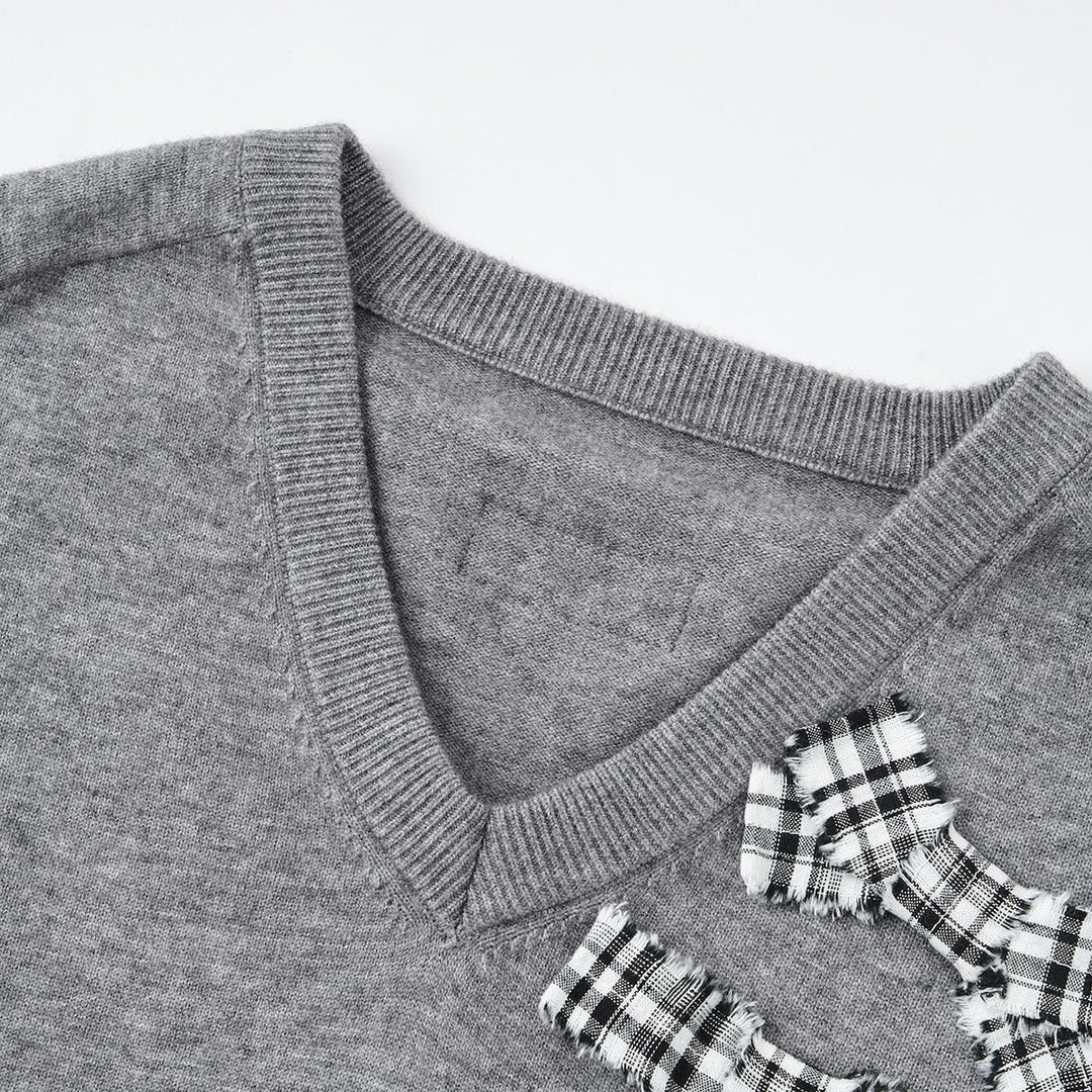 SomeSowe Plaid Bow V-Neck Knit Sweater Gray