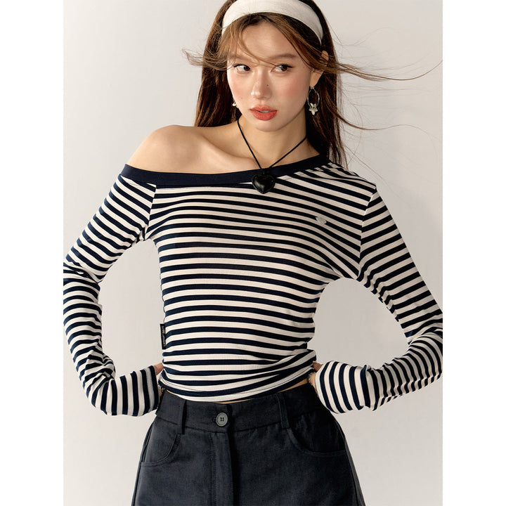 AsGony Striped Diagonal Shoulder Slim Top