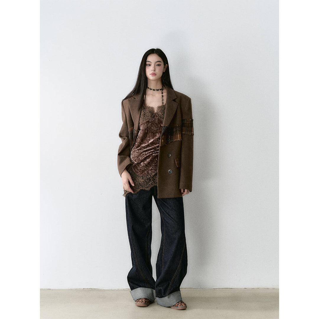 Via Pitti Heavy Plaid Patchwork Mid-Length Coat Brown