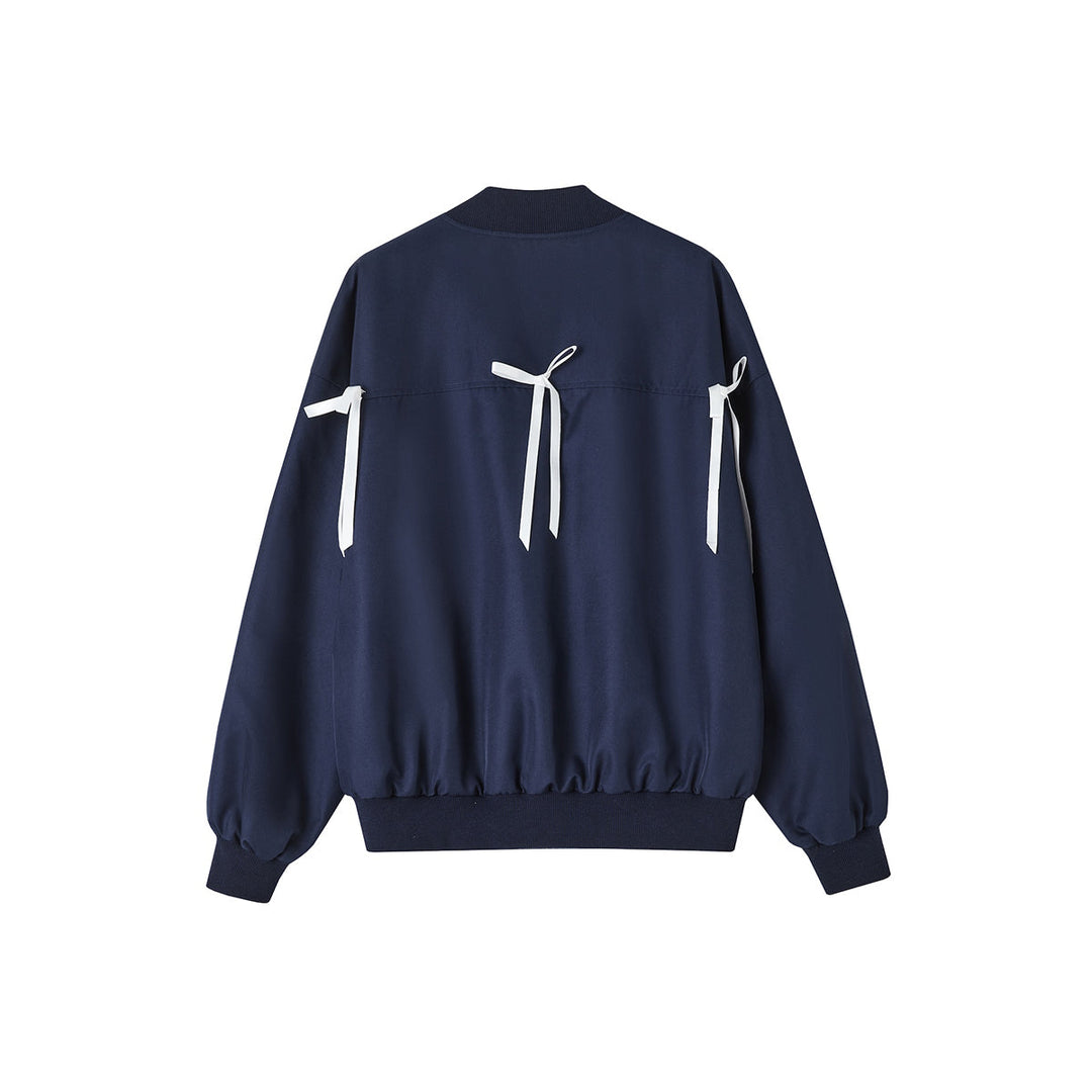 SomeSowe Bow Badge Casual Baseball Jacket Navy Blue