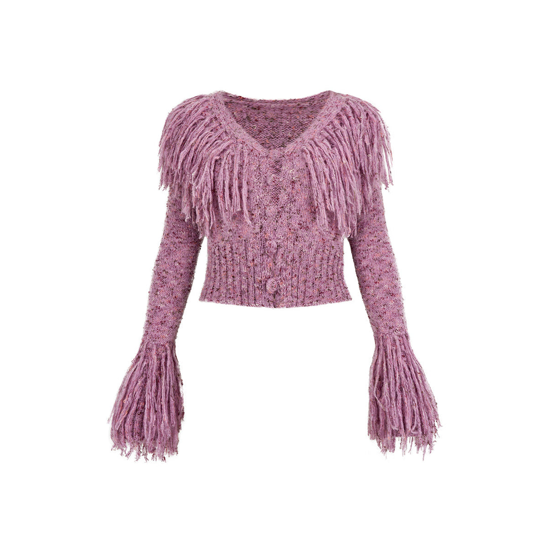 Via Pitti Heavy Tassel Knit Cardigan Purple - Mores Studio