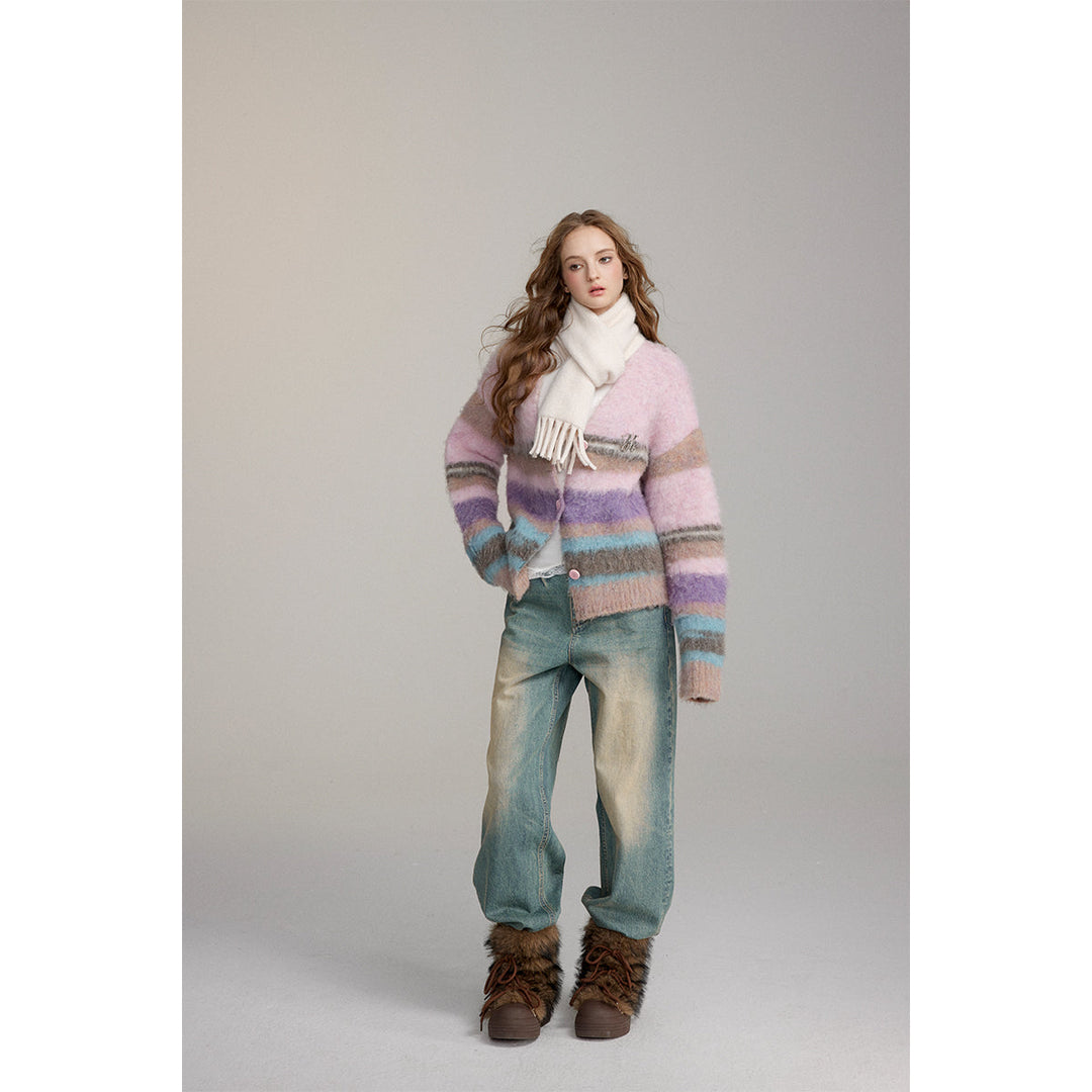 Via Pitti Pulled Fur Colored Striped Knit Cardigan Pink