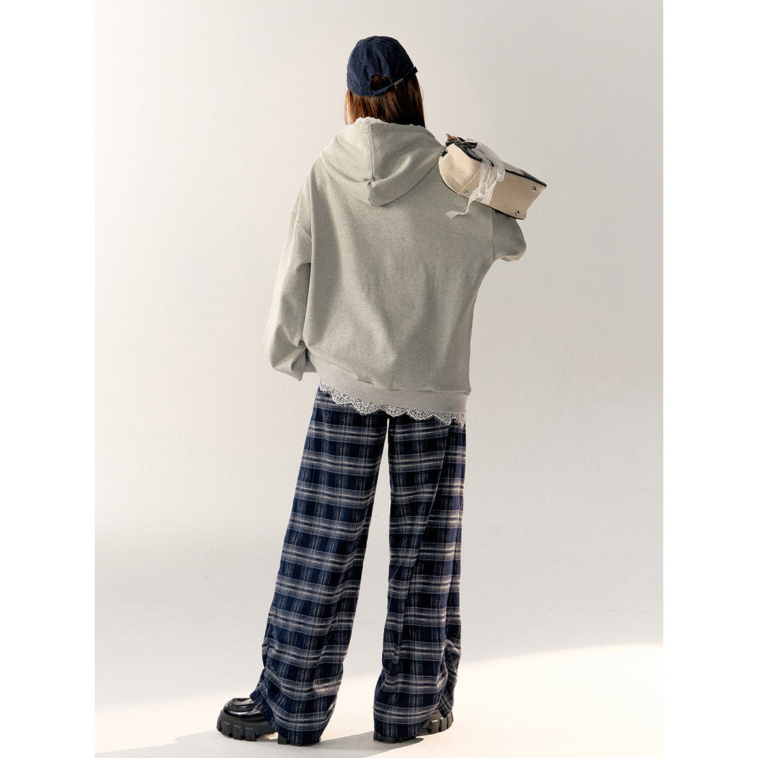 AsGony Retro Plaid High Waist Wide-Leg Pants Navy Blue