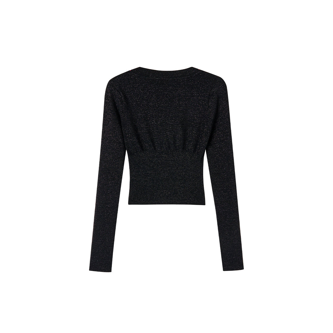 Via Pitti Fake-2-Piece Shiny Short Knit Top Black - Mores Studio