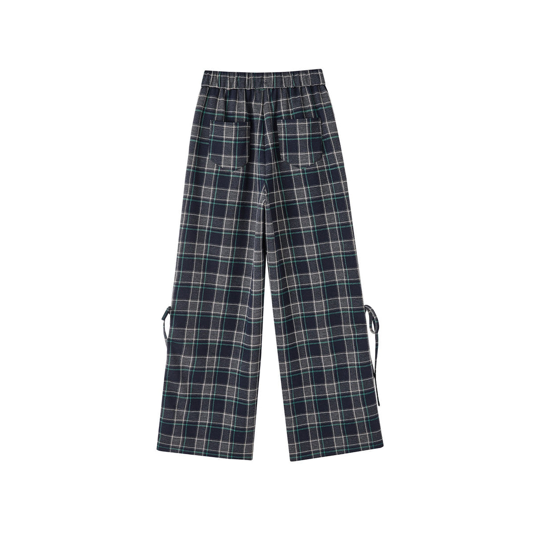 SomeSowe Bow Drawstring Plaid Wide-Leg Pants Blue