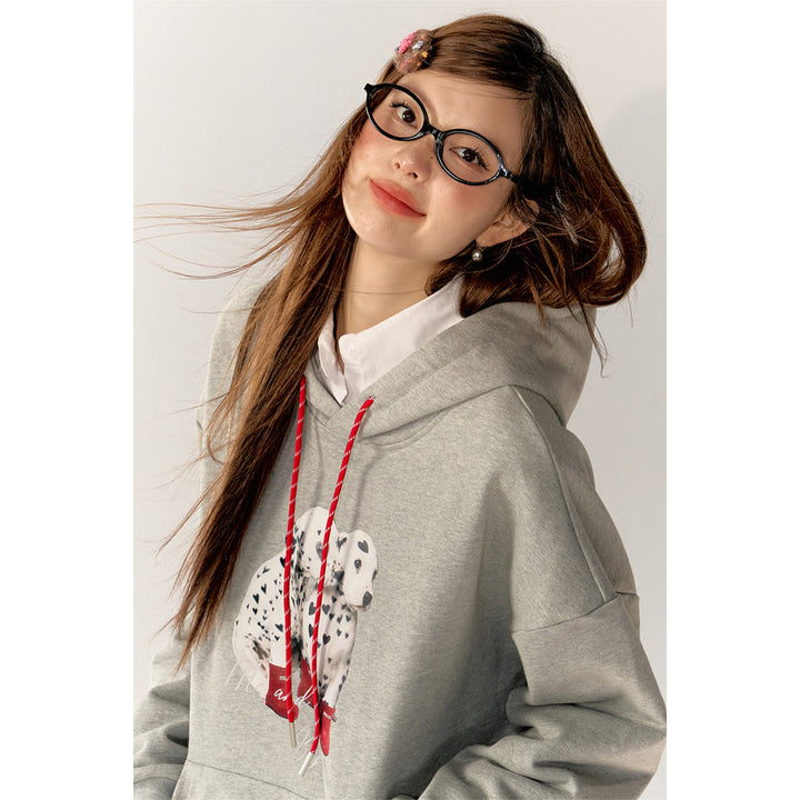 AsGony Printed Spotted Puppy Casual Hoodie Gray