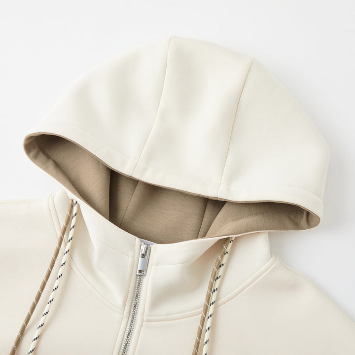 SomeSowe Contrast Color Drawstring Zip Up Hoodie Beige