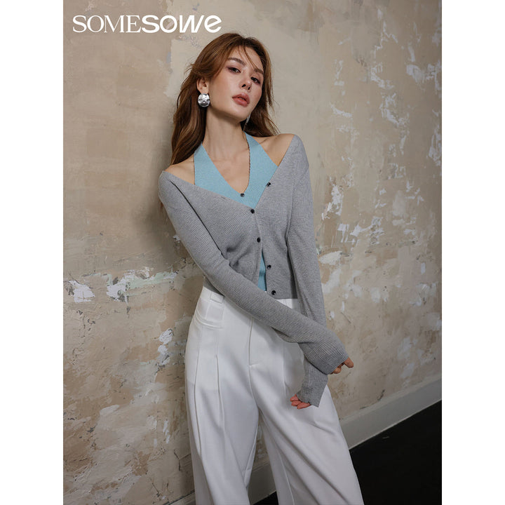 SomeSowe Hollow-Out Fake-2-Piece Knit Slim Top Grey - Mores Studio