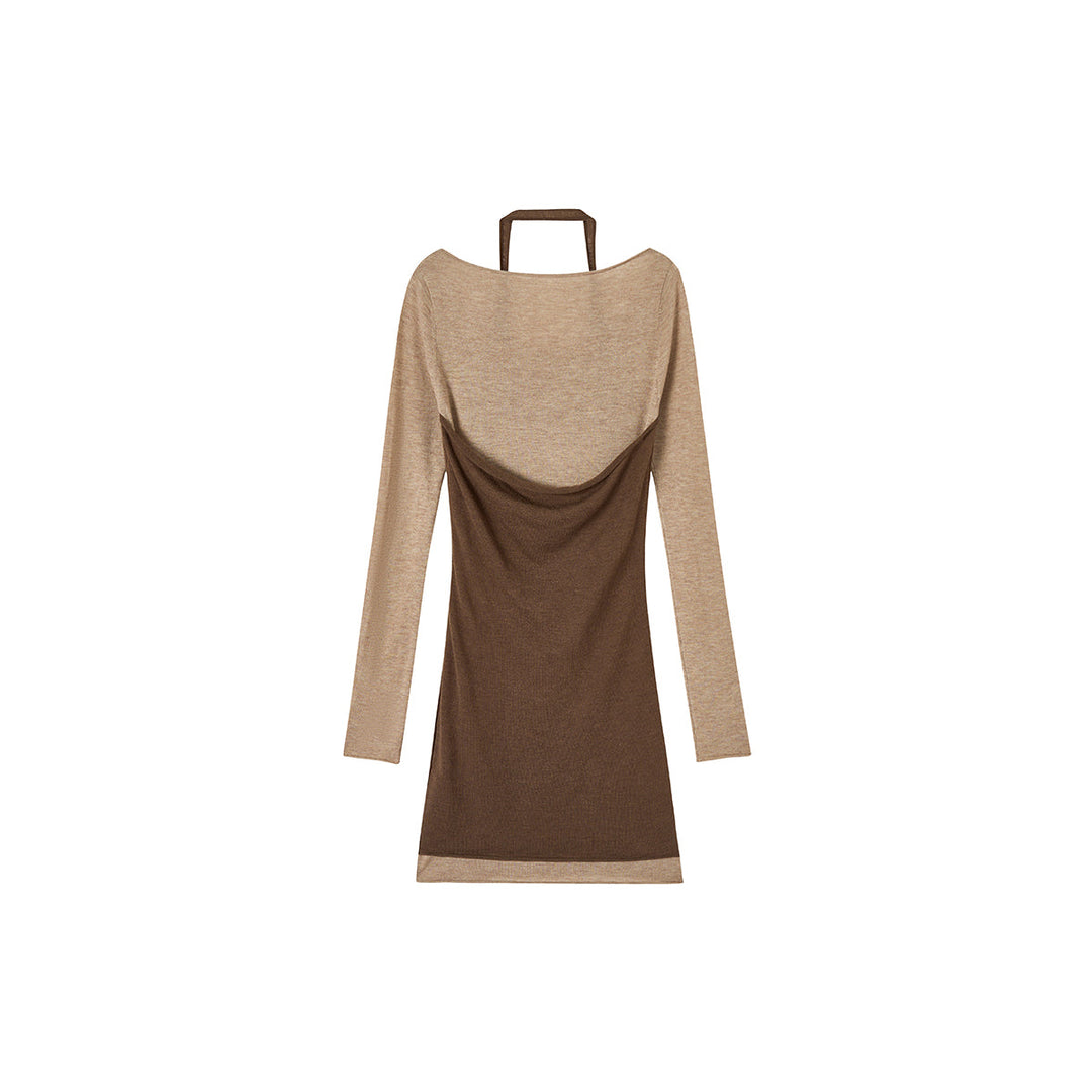 Via Pitti Color Blocked Halterneck Knit Dress Brown - Mores Studio