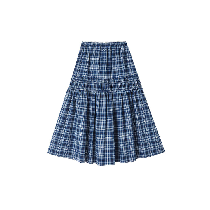 SomeSowe Lace Edge Plaid Drawstring Long Skirt Blue