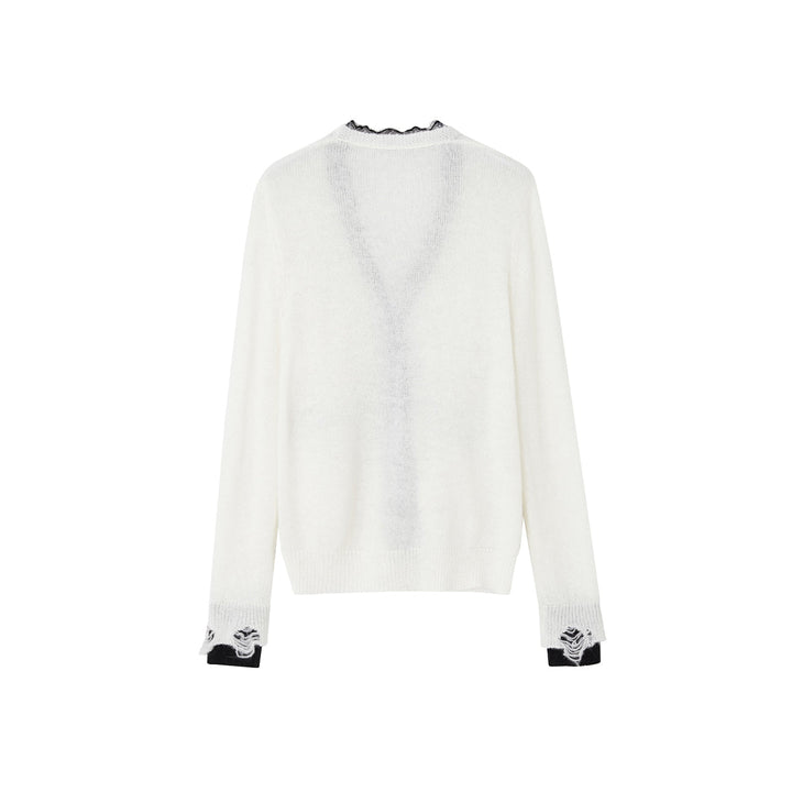 SomeSowe Color Blocked Lace Edge Knit Cardigan White