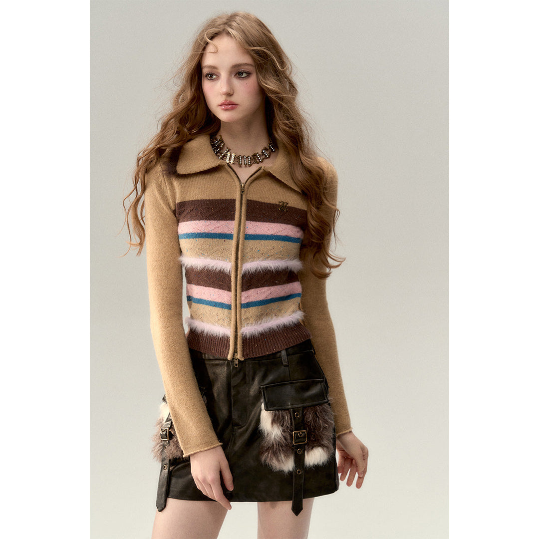 Via Pitti Fluffy Colour Striped Zip Up Woollen Top Camel - Mores Studio