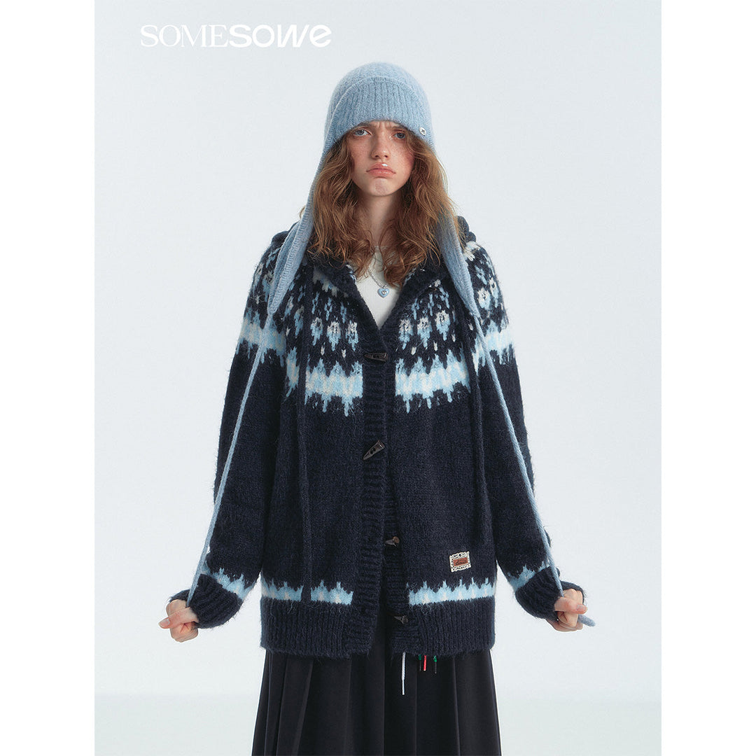 SomeSowe Fair Isle Hooded Knit Cardigan Navy Blue