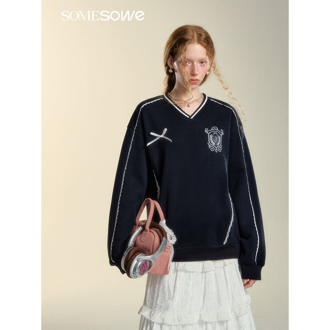 SomeSowe Lace Badge V-Neck Sweatshirt Navy Blue