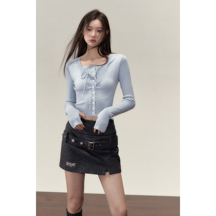 Via Pitti Fake-2-Piece Shiny Short Knit Top Blue - Mores Studio