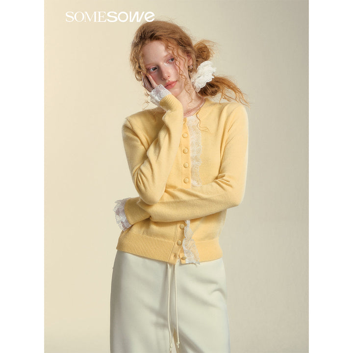 SomeSowe Lace Edge Round-Neck Knit Cardigan Yellow