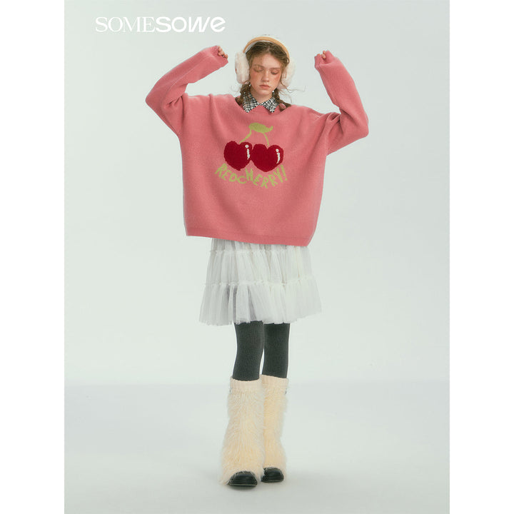 SomeSowe Cherry Jacquard Silhouette Knit Sweater Pink