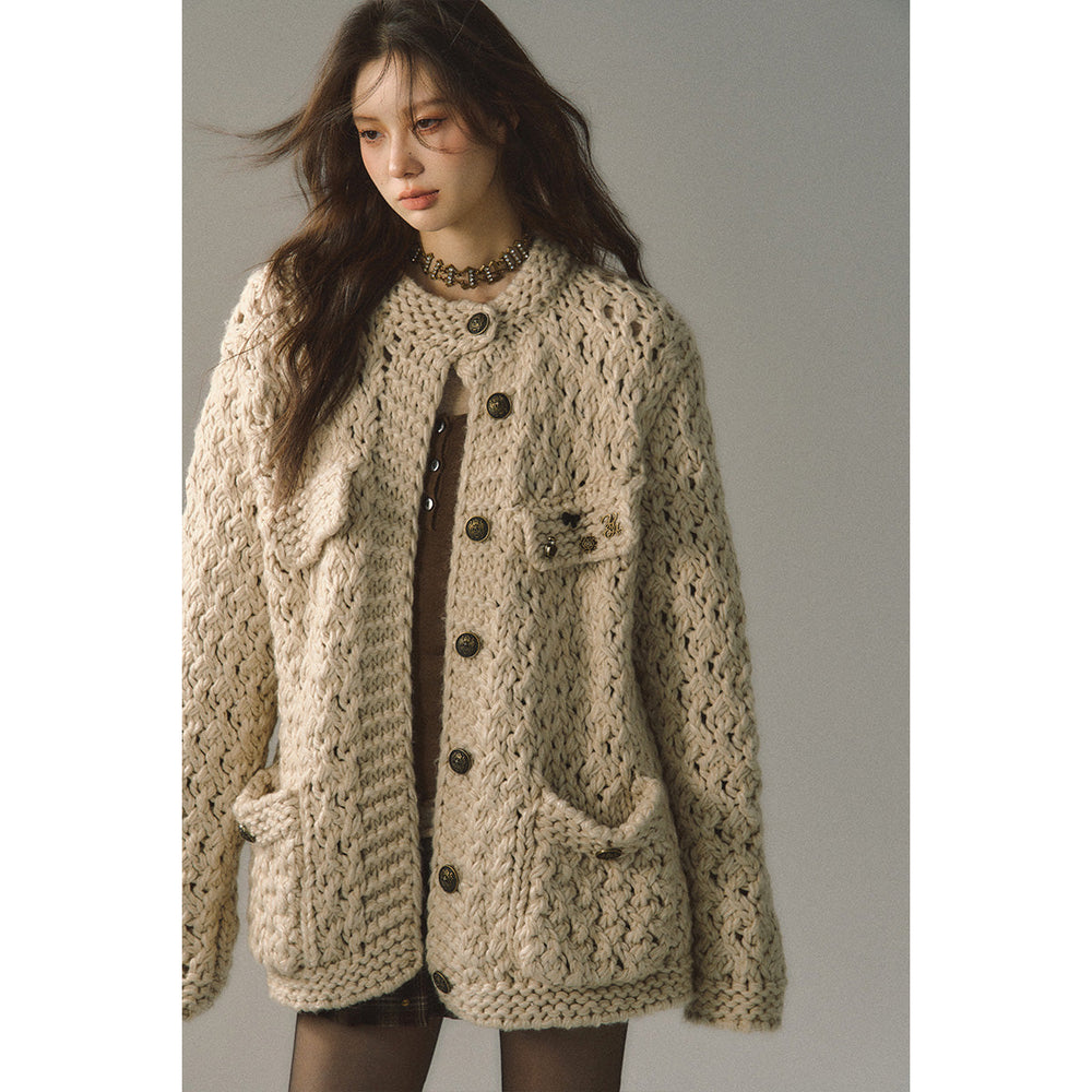 Via Pitti Metal Decor Knit Cardigan Oat - Mores Studio