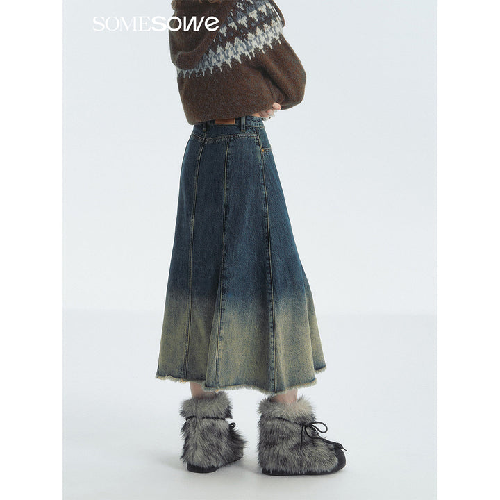 SomeSowe Gradient Bow Raw Edge Denim Long Skirt