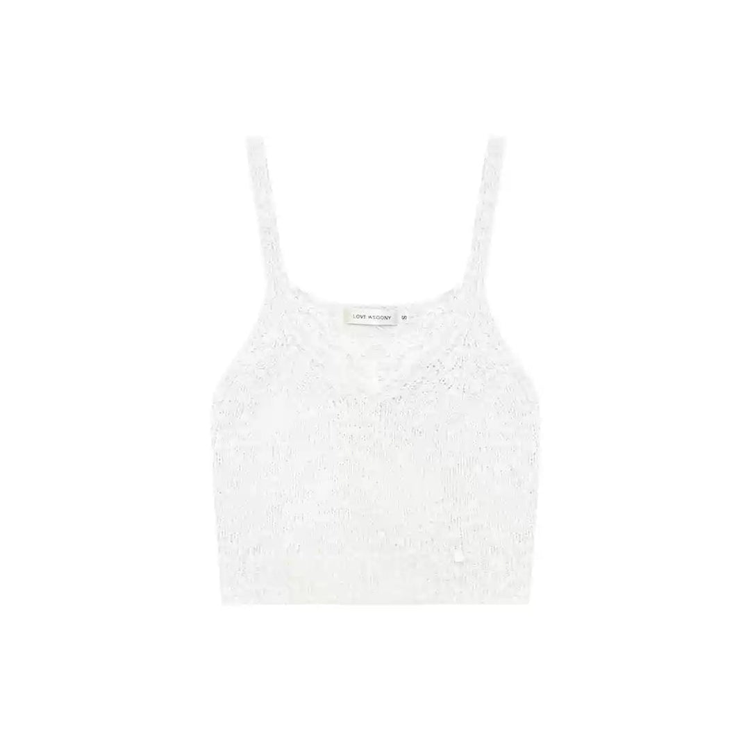 AsGony Lace Patchwork Knit Slip Vest White