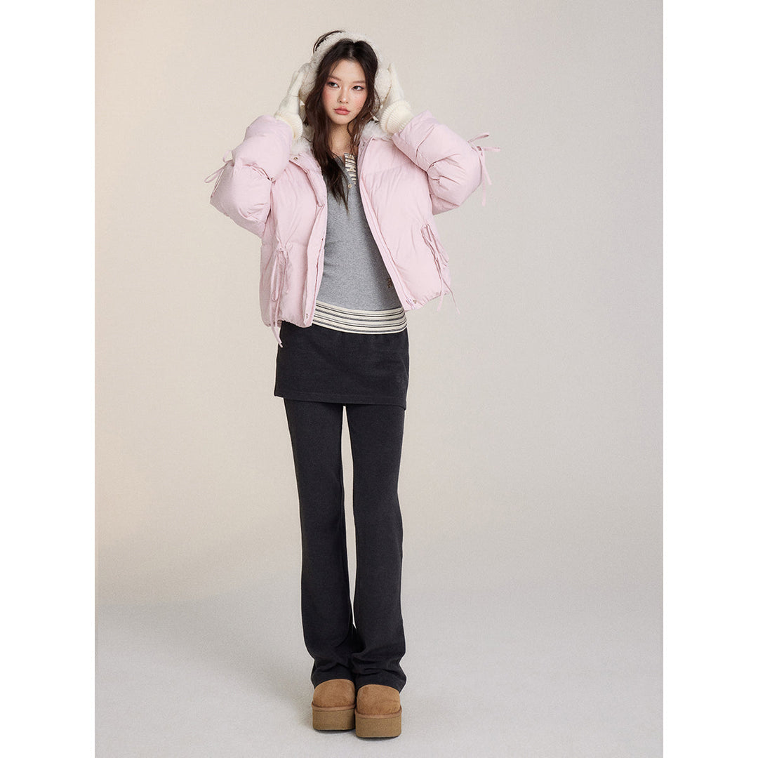 Via Pitti Bow Drawstring Fur Collar Down Jacket Light Pink