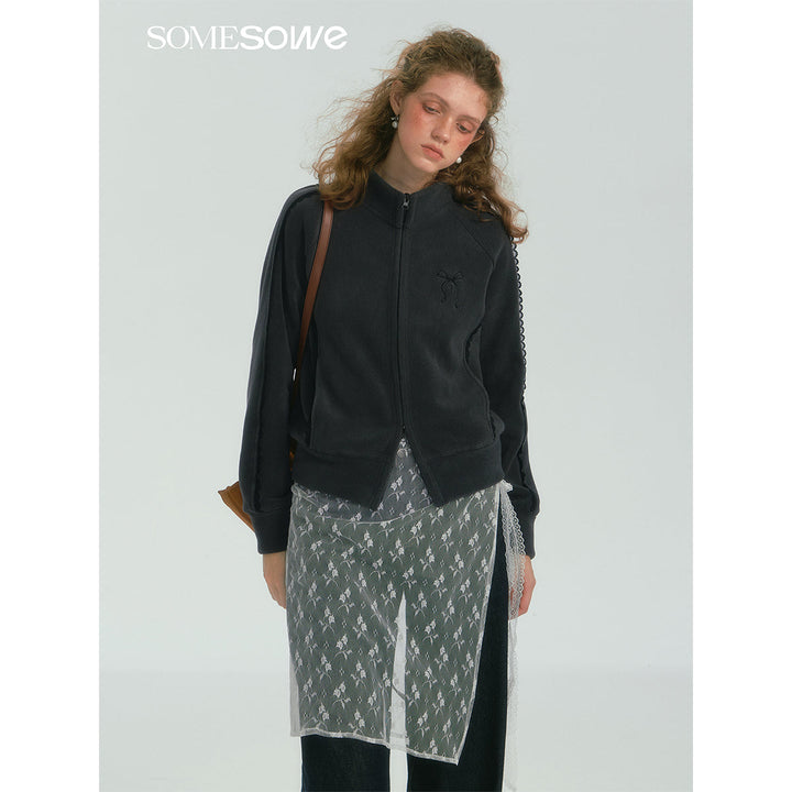 SomeSowe Lace Patchwork Fleece Jacket Dark Gray