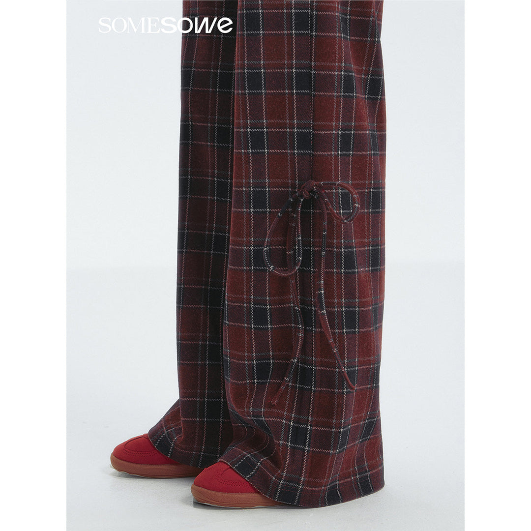 SomeSowe Bow Drawstring Plaid Wide-Leg Pants Red