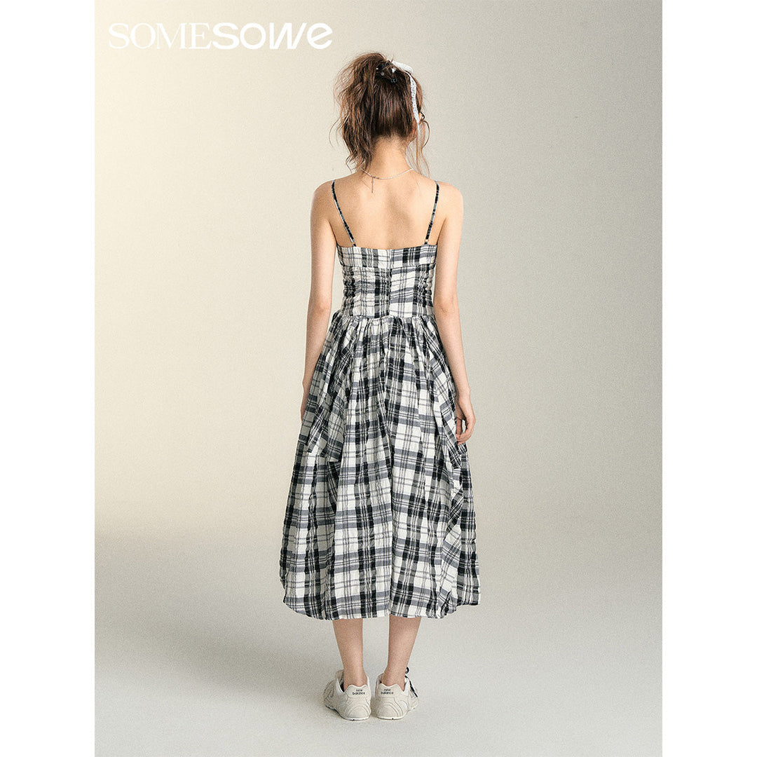 SomeSowe Pleated Checked Long Slip Dress