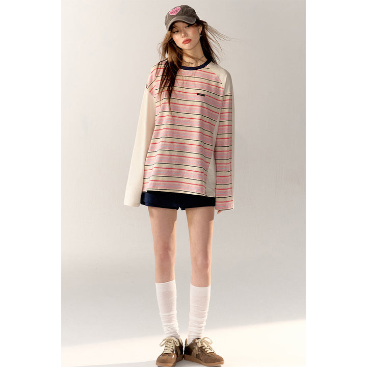 AsGony Contrast Color Striped Casual L/S T-Shirt Pink