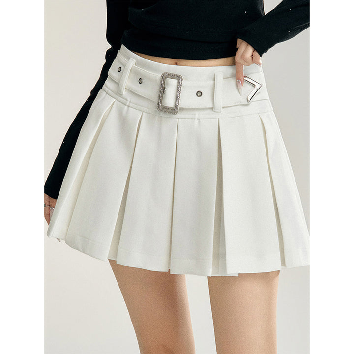 MacyMccoy High-Waist Belt A-Line Pleated Skirt White