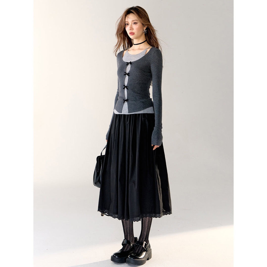 AsGony Lace Patchwork Drawstring Long Skirt Black