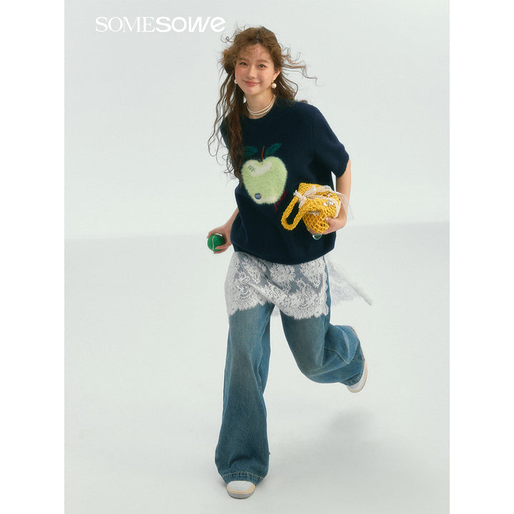 SomeSowe Green Apple Short Sleeve Knit Sweater Navy Blue