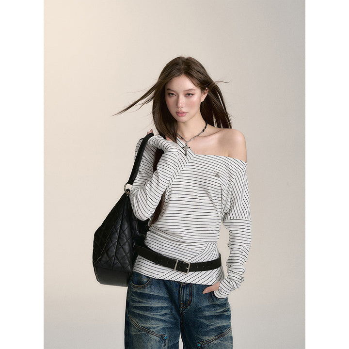 Via Pitti Irregular Striped Off-Shoulder Slim Top White