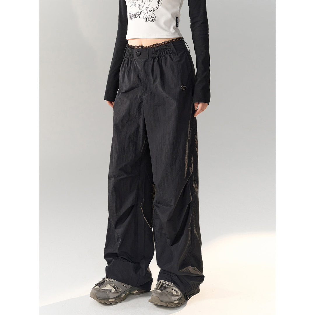 AsGony Lace Waist Pleated Wide-Leg Cargo Pants Black