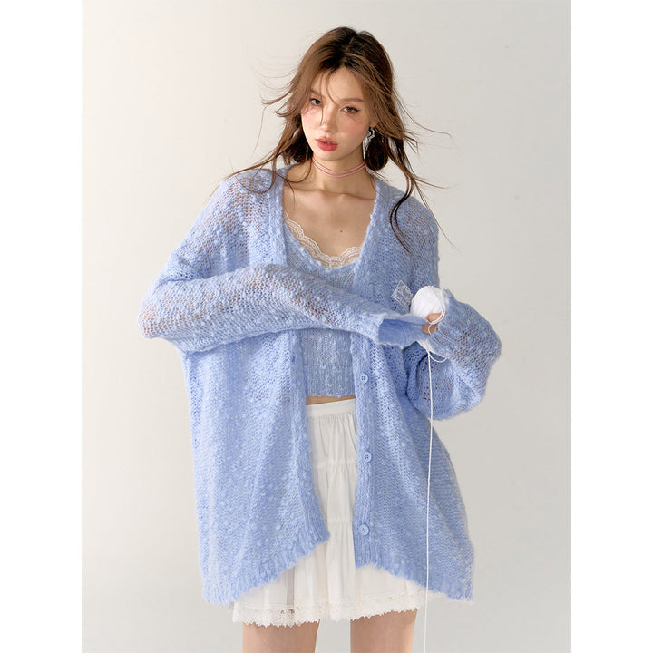 AsGony Lace Patchwork Knit Cardigan Blue