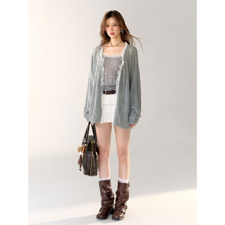 AsGony Lace Edge Hollow Cutting Knit Slip Vest Gray