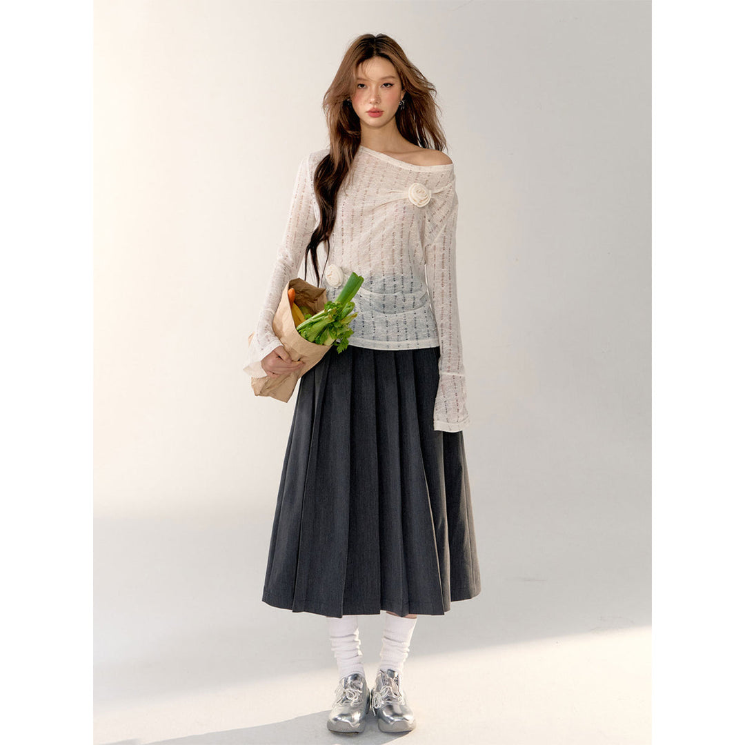 AsGony 3D Flower Hollow Cutting Knit Top White