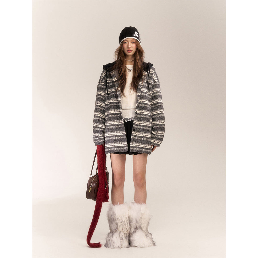 AsGony Striped Hooded Thicken Mid-Length Coat