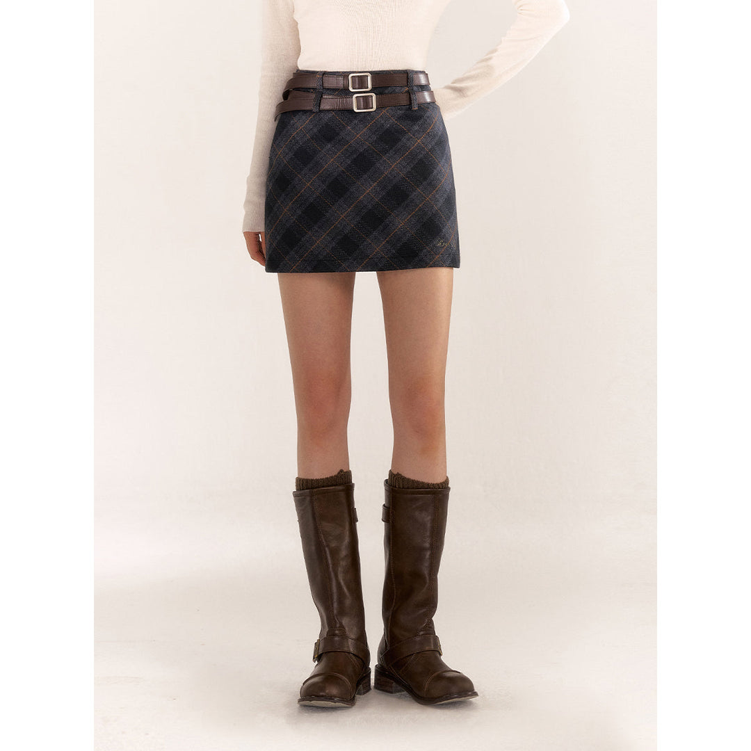 AsGony Double Waist Plaid Skirt Gray