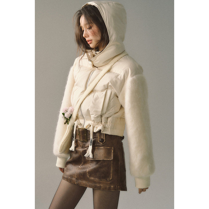 Via Pitti Drawstring Waist Fluffy Sleeve Down Jacket - Mores Studio